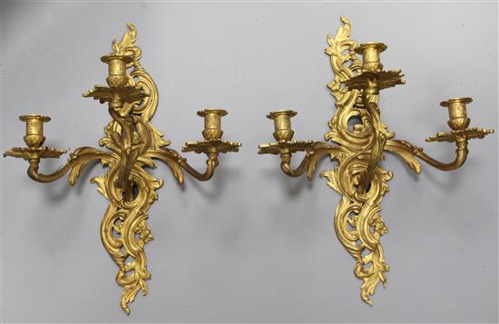 A pair of late 19th century French ormolu three branch wall lights, height 19.5in.